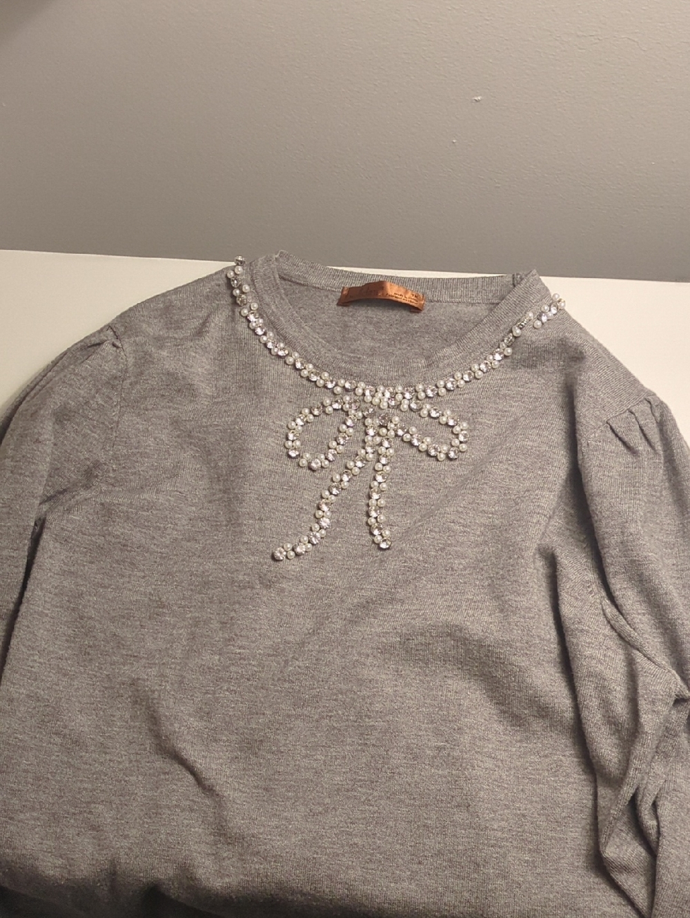 Pearl-Embellished Gray Crewneck Sweater Top
